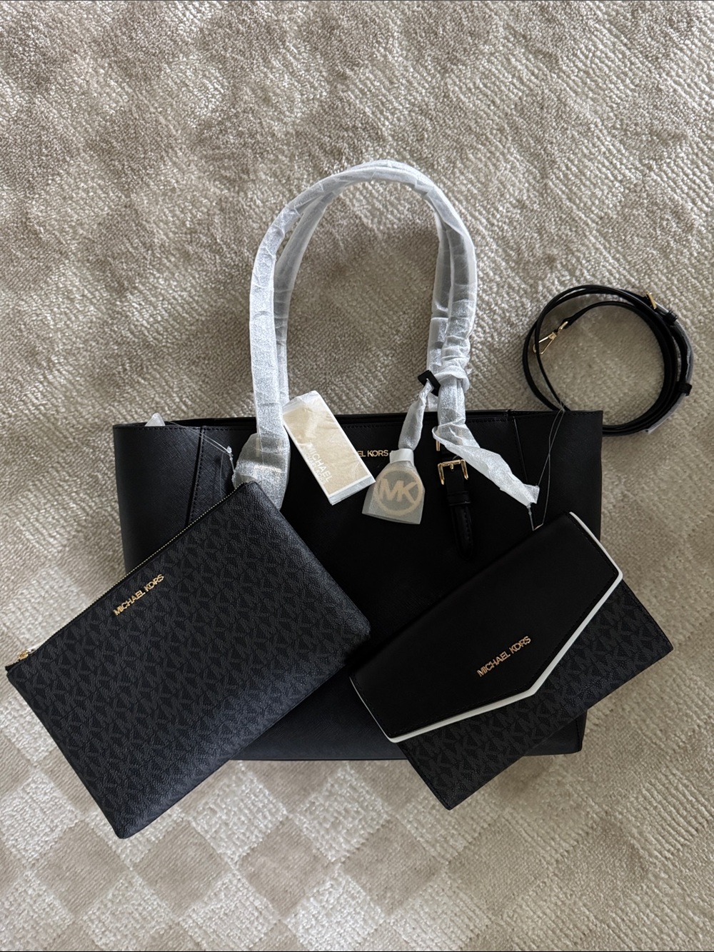 Michael Kors Women’s Black Logo Tote 3-Piece Set Zip Gold Hardware Pouch Strap